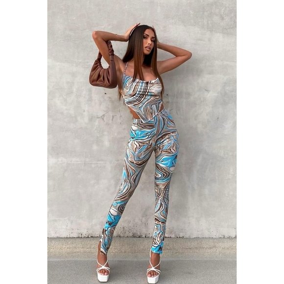 Blue Marble Print Sleeveless Backless Crop Top and Leggings Pants Two Piece Set - Picture 5 of 16